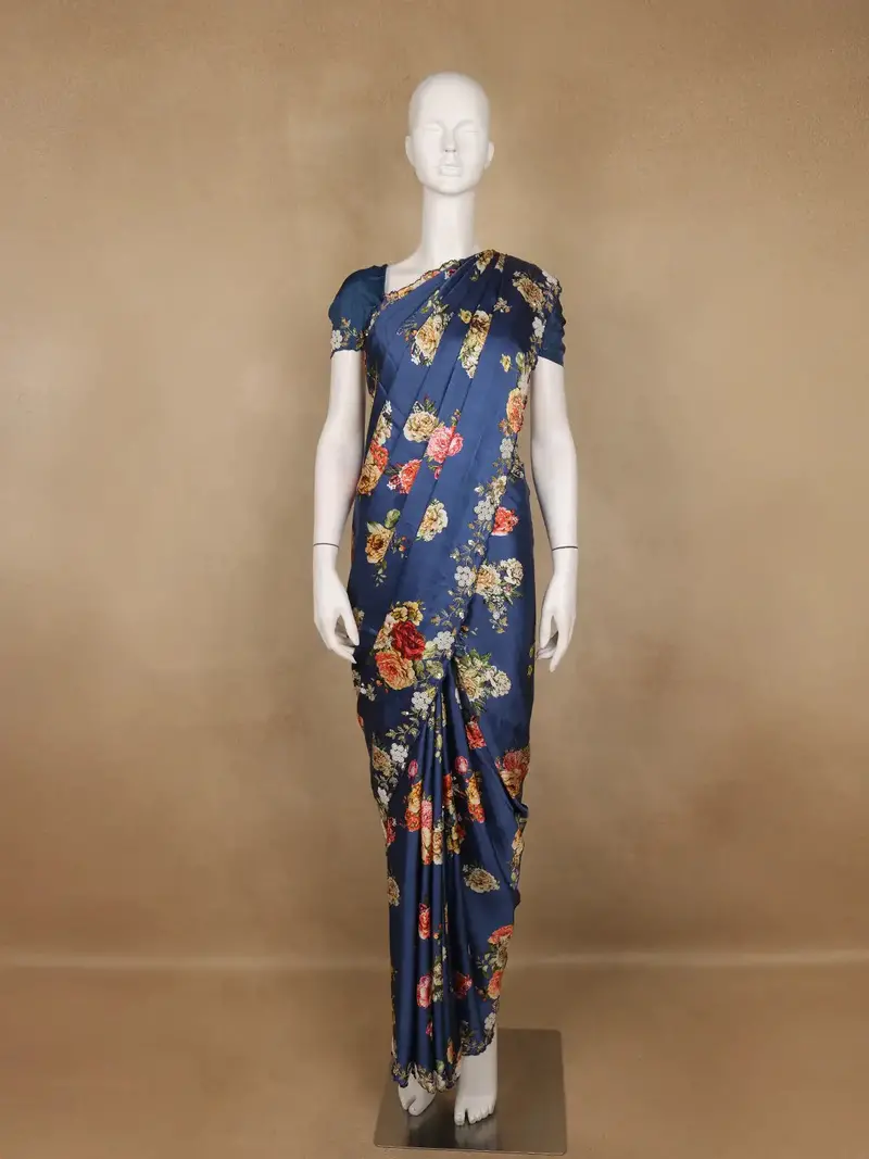 Blue Floral Designed Satin Saree 1