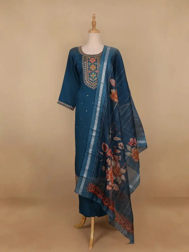 Blue Floral Designed Semi Silk Salwar Suit 1