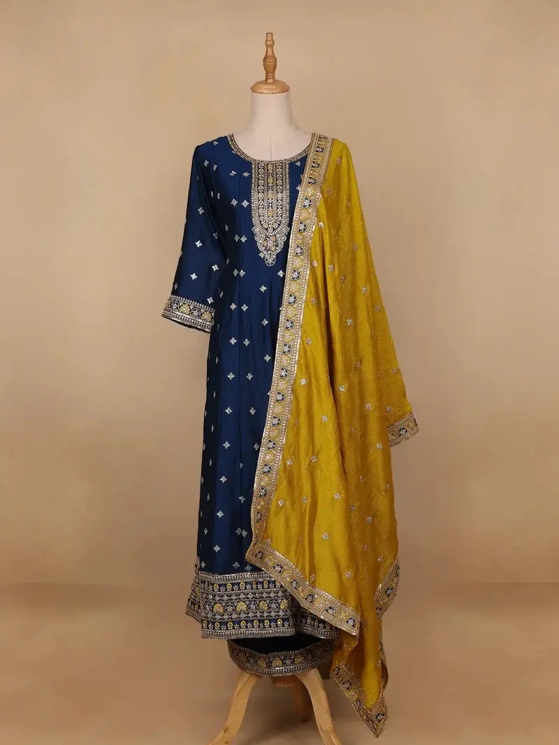 Blue Floral Designed Semi Silk Salwar Suit 1