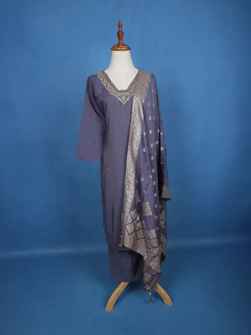 Blue Floral Designed Semi Silk Salwar Suit 1