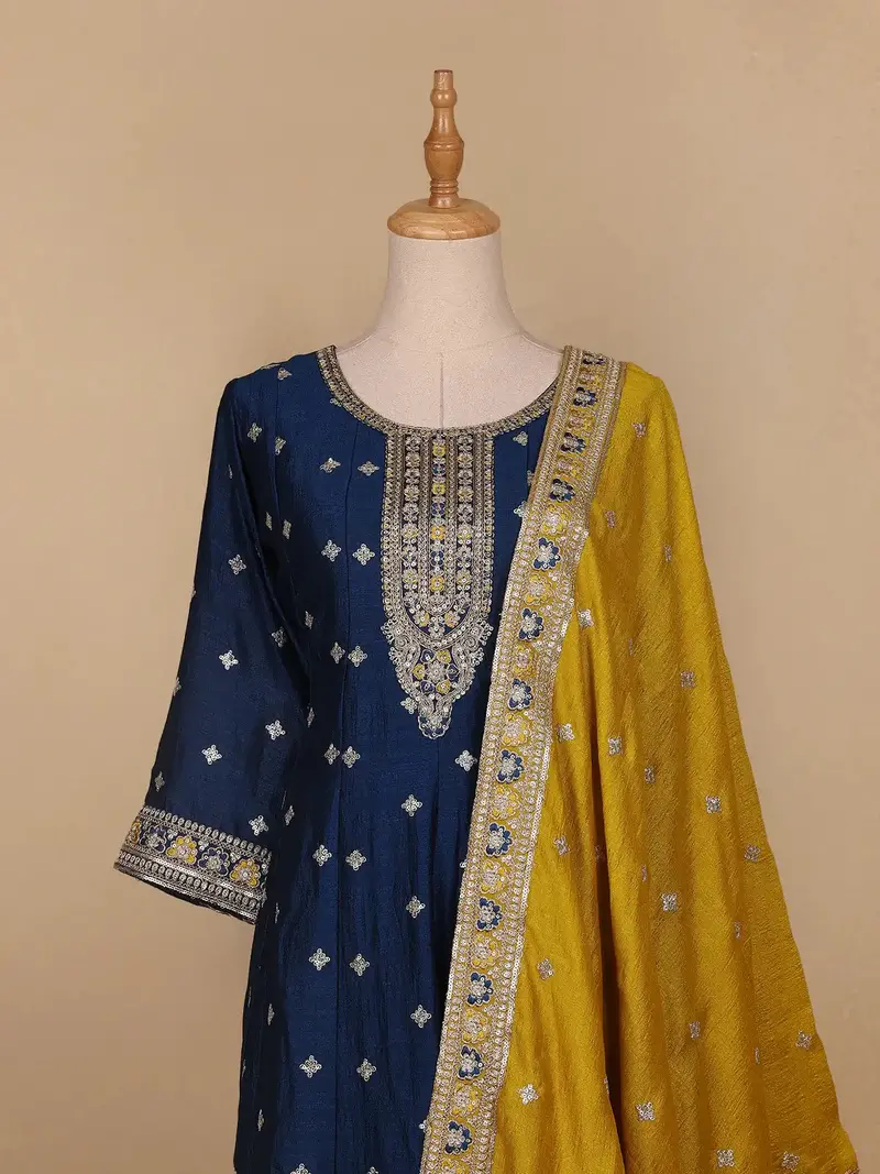 Blue Floral Designed Semi Silk Salwar Suit 2