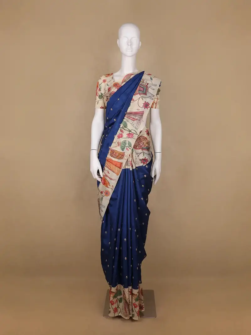 Blue Floral Designed Semi Tussar Saree 1