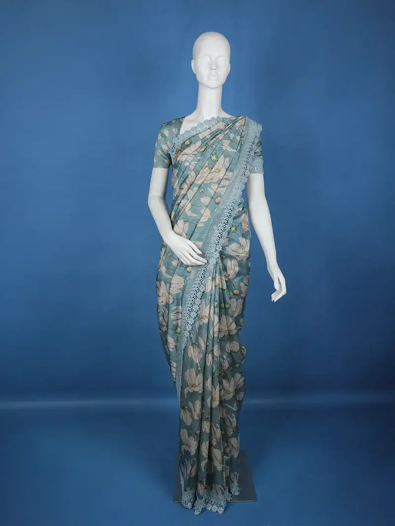 Blue Floral Designed Semi Tussar Saree 1