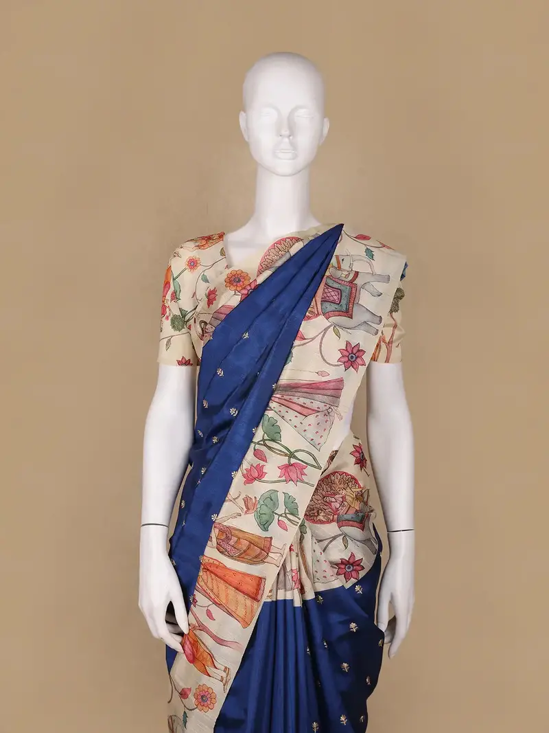 Blue Floral Designed Semi Tussar Saree 2