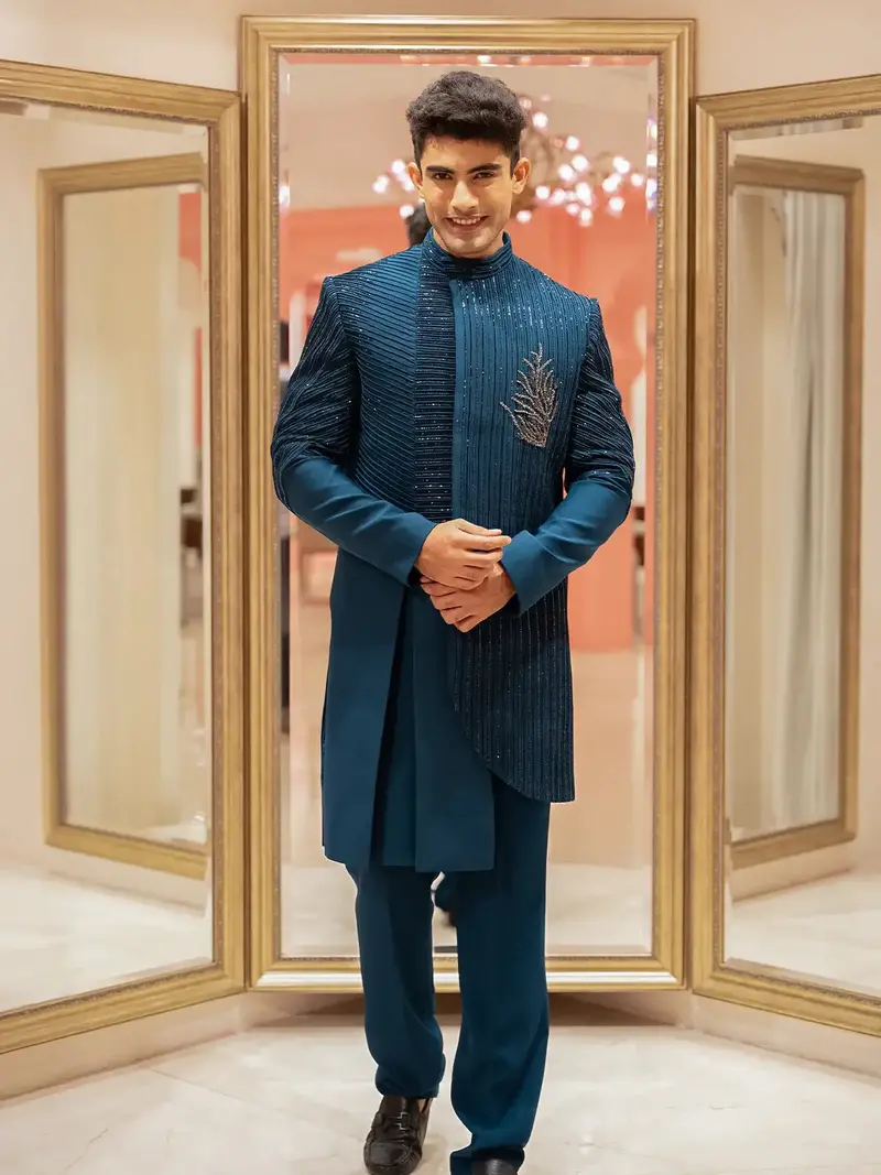 Blue Floral Designed Sherwani Suit For Reception 1