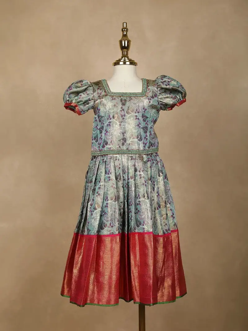 Blue Floral Designed Silk Pavada Sattai Set 1