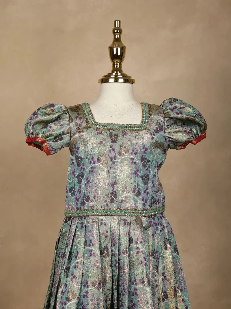 Blue Floral Designed Silk Pavada Sattai Set 2