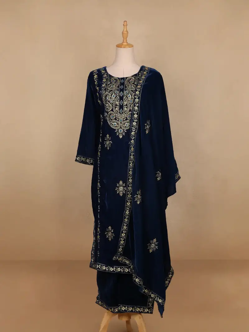 Blue Floral Designed Velvet Co Ord Salwar Suit 1