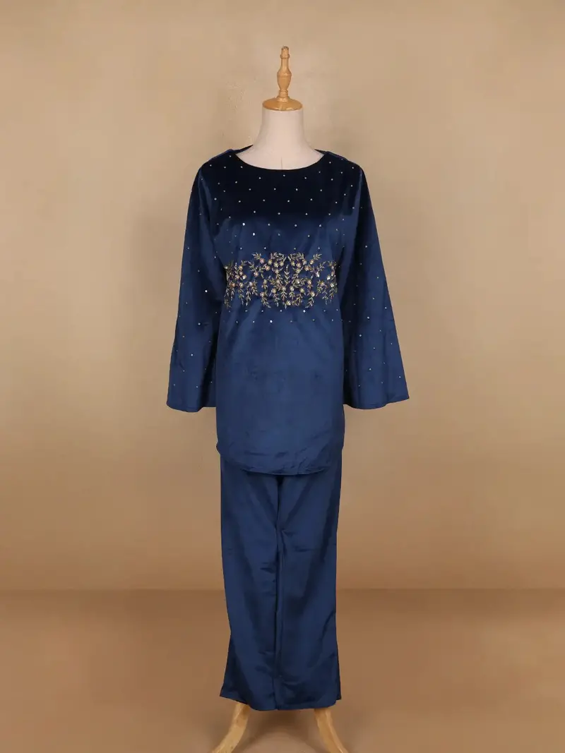 Blue Floral Designed Velvet Co Ord Salwar Suit 1