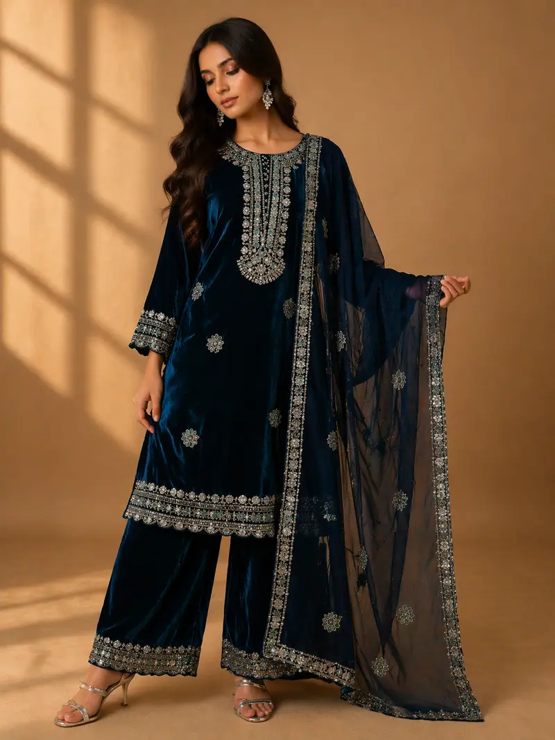 Blue Floral Designed Velvet Co Ord Salwar Suit 1