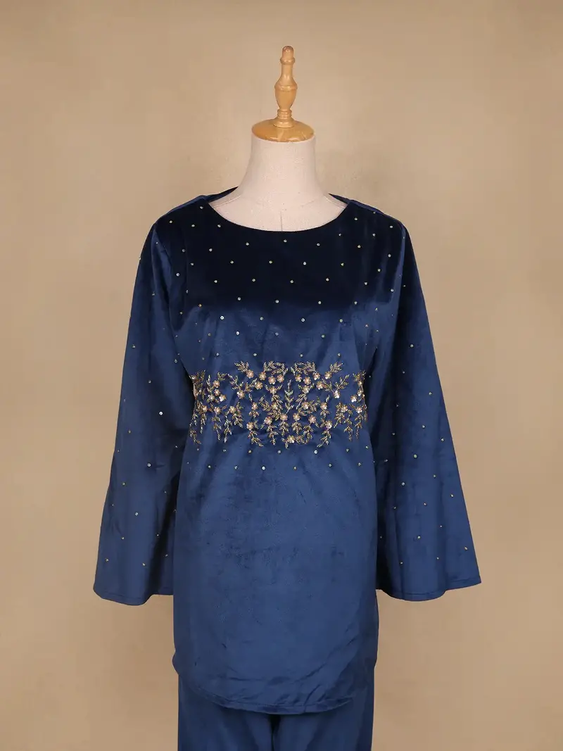Blue Floral Designed Velvet Co Ord Salwar Suit 2