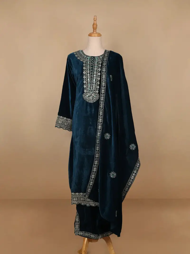 Blue Floral Designed Velvet Co Ord Salwar Suit 2