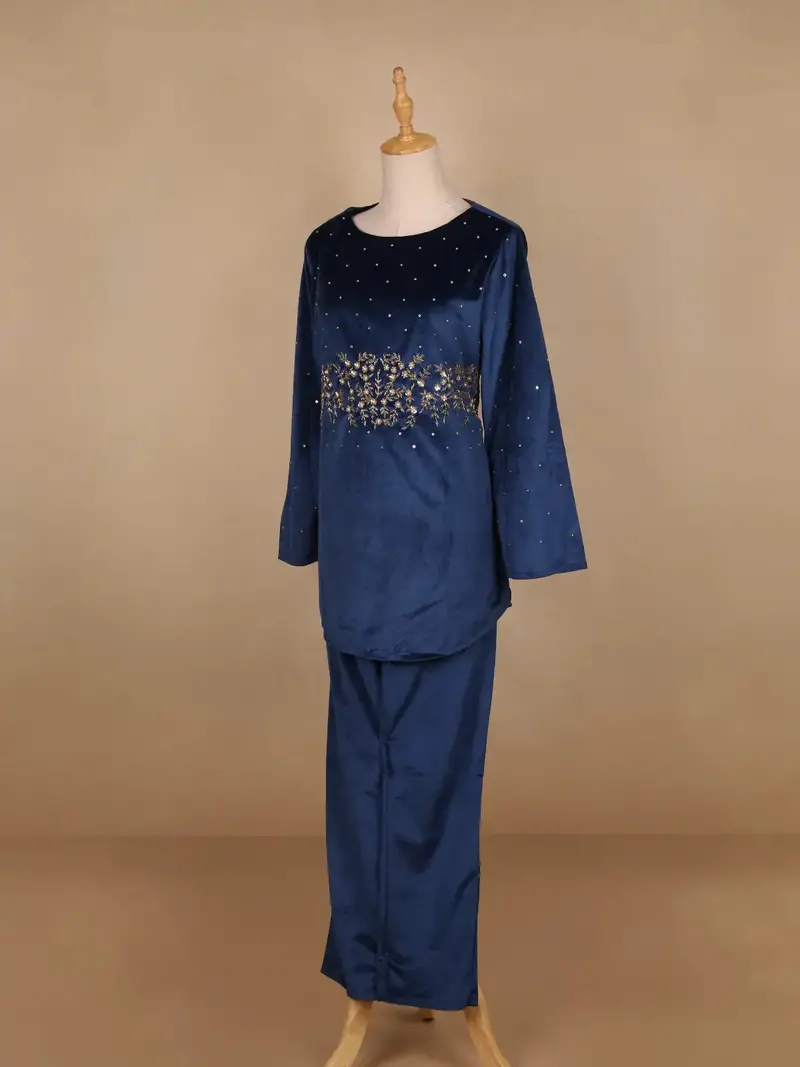 Blue Floral Designed Velvet Co Ord Salwar Suit 3