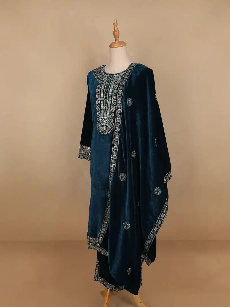 Blue Floral Designed Velvet Co Ord Salwar Suit 3