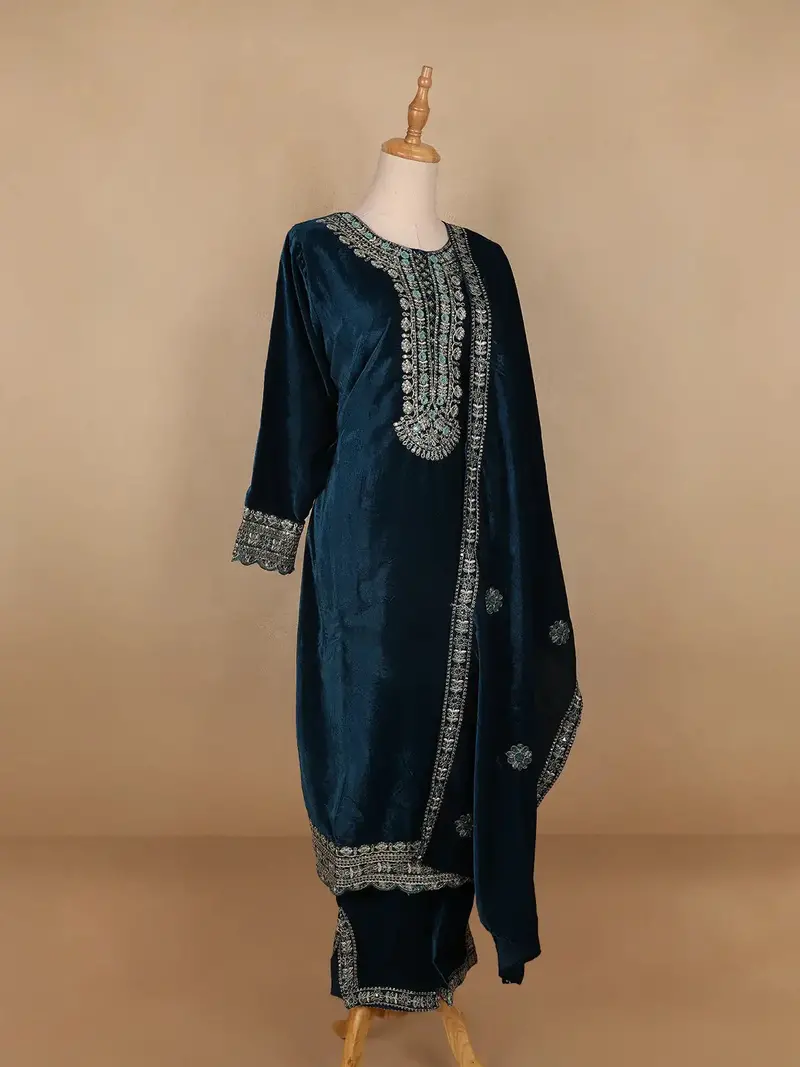 Blue Floral Designed Velvet Co Ord Salwar Suit 4