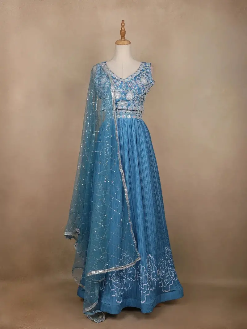 Blue Floral Embroidered Crepe Bridesmaids Lehenga 1