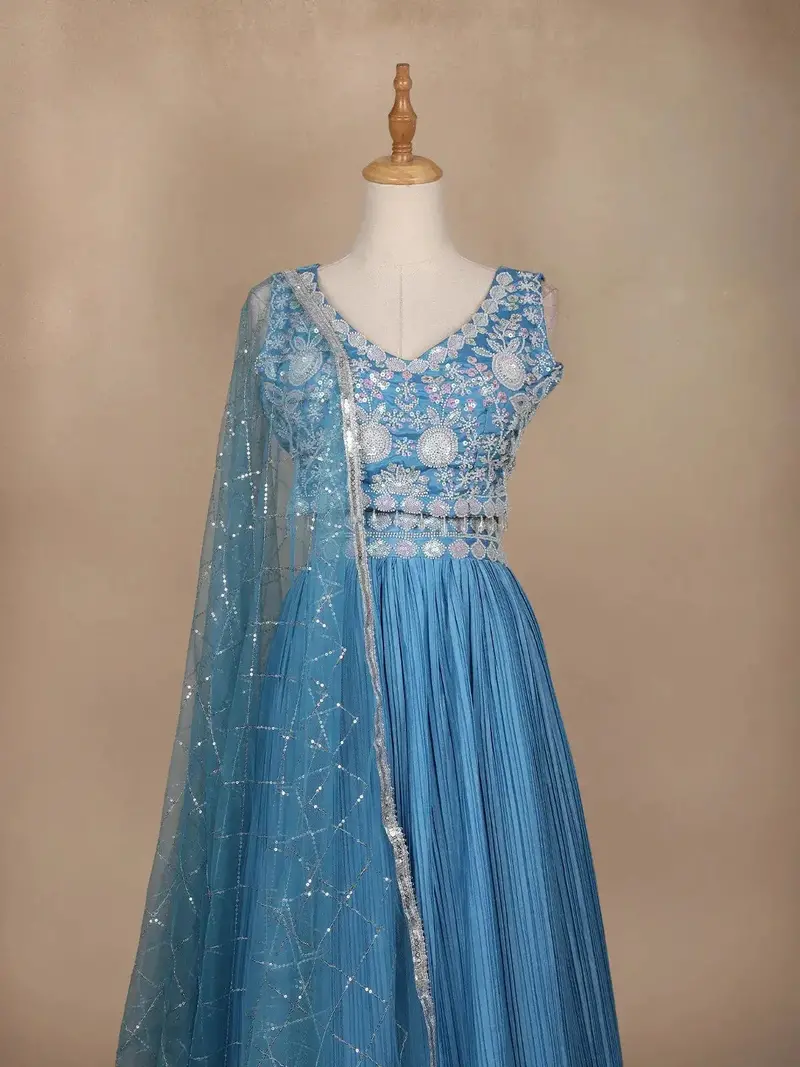 Blue Floral Embroidered Crepe Bridesmaids Lehenga 2