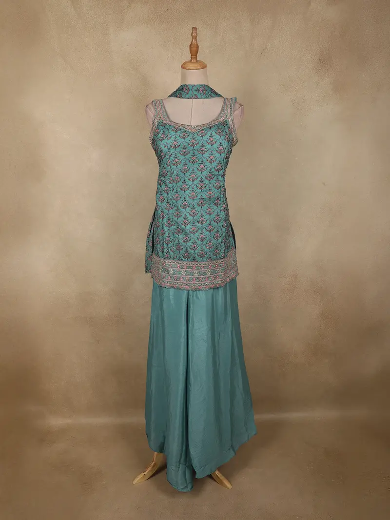 Blue Floral Embroidered Design Tussar Silk Palazzo Suit With Dupatta 1