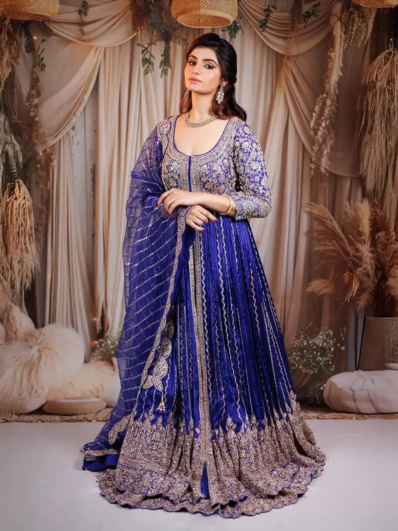 Blue Floral Embroidered Pakistani Net Lehenga For Bridesmaids 1