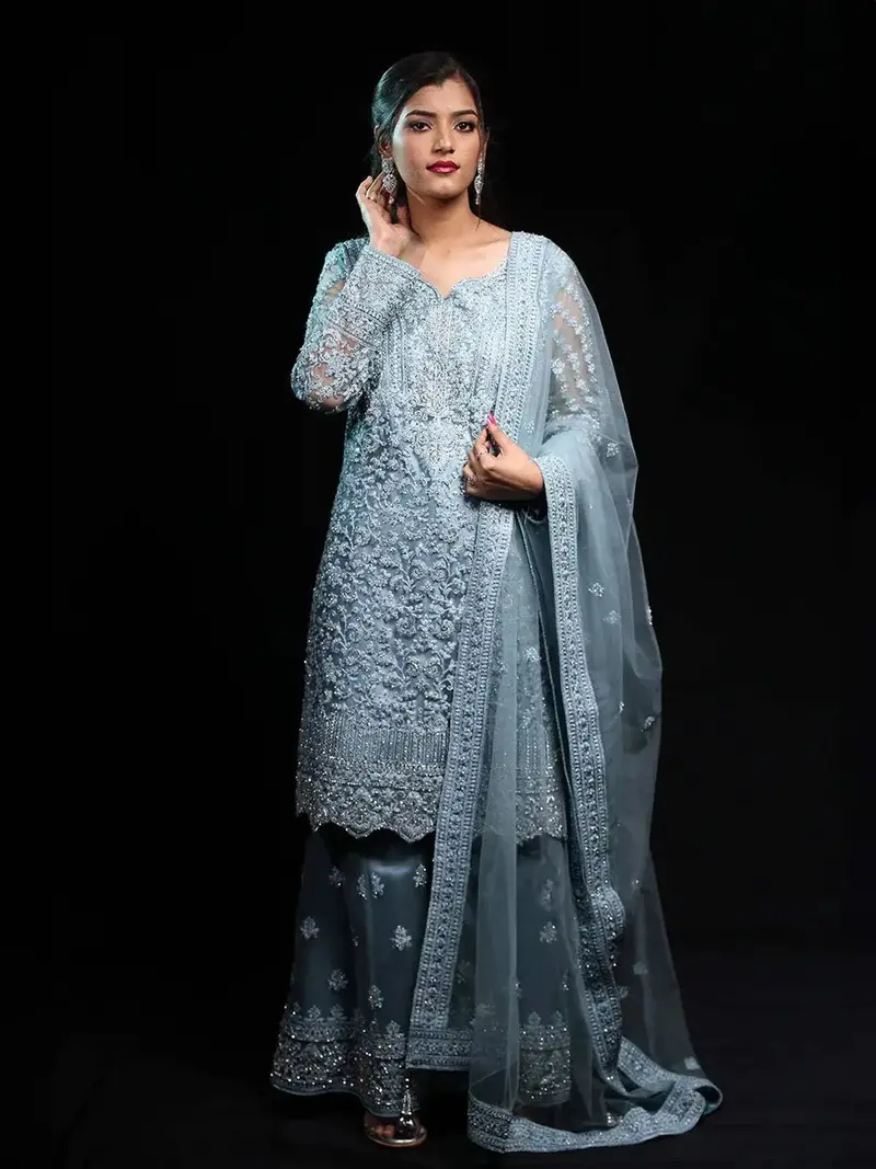 Blue Floral Embroidered Sharara Salwar Suit Online 1