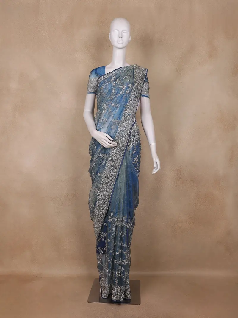Blue Floral Embroidered Tissue Organza Saree 1