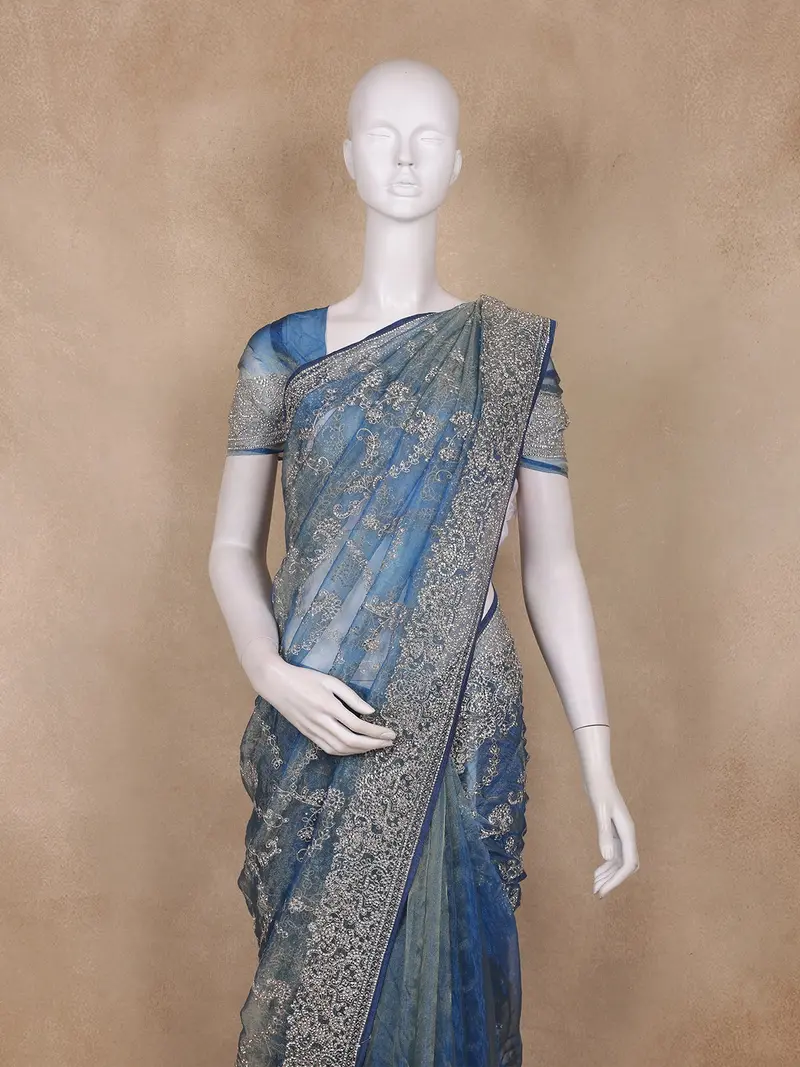 Blue Floral Embroidered Tissue Organza Saree 2