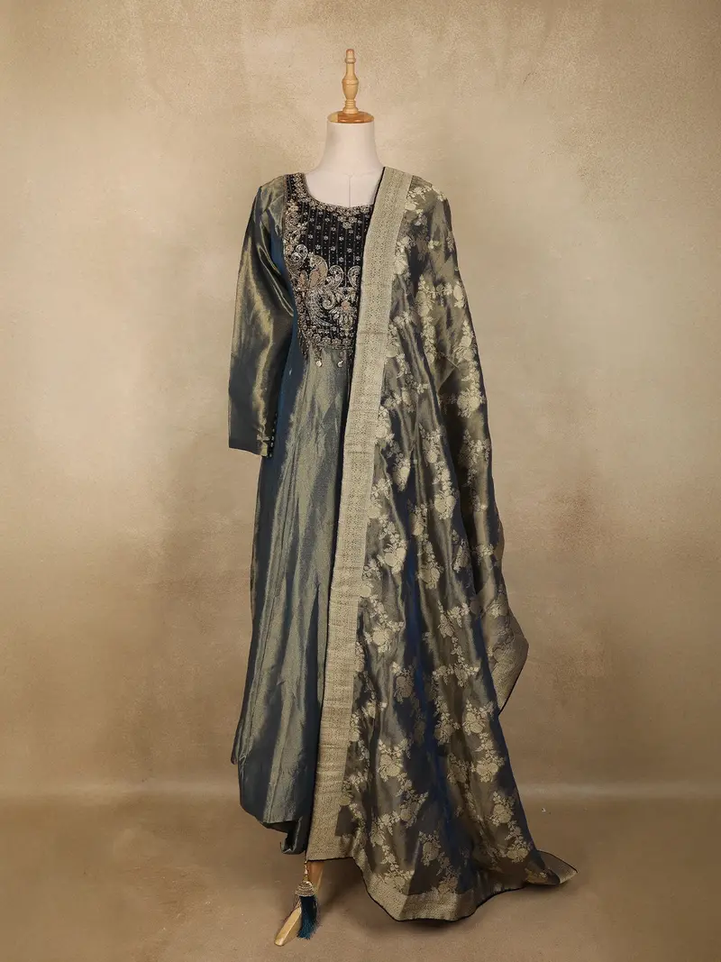 Blue Floral Embroidered Tissue Silk Palazzo Suit With Dupatta 1