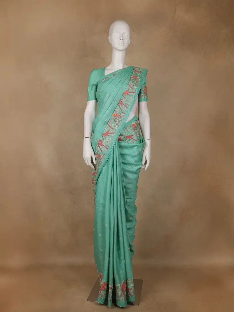 Blue Floral Embroidered Tussar Silk Saree 1