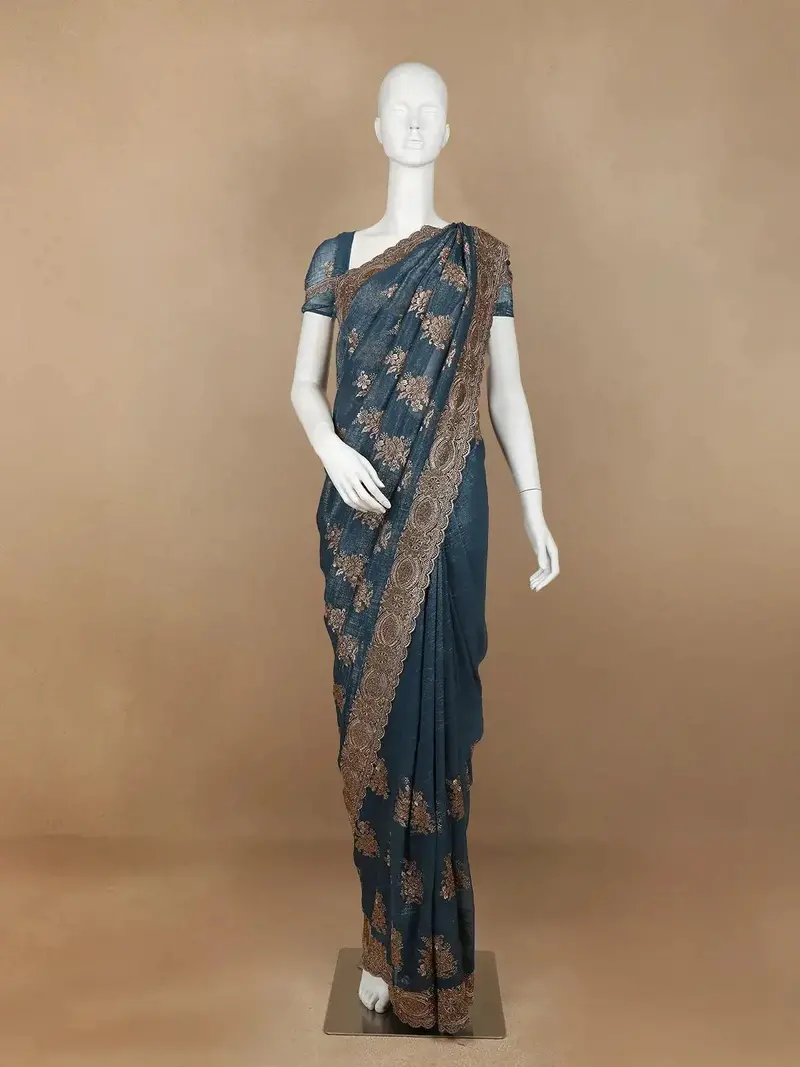 Blue Floral Embroidery Chiffon Silk Saree 1