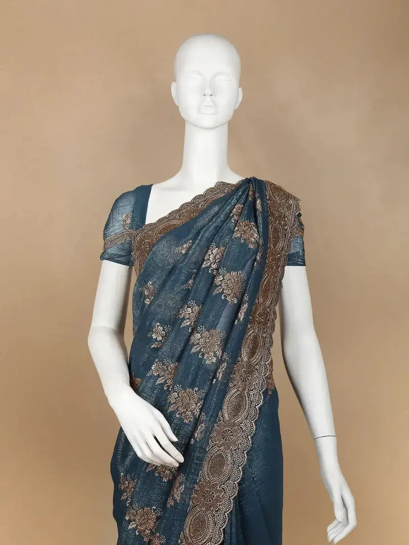 Blue Floral Embroidery Chiffon Silk Saree 2