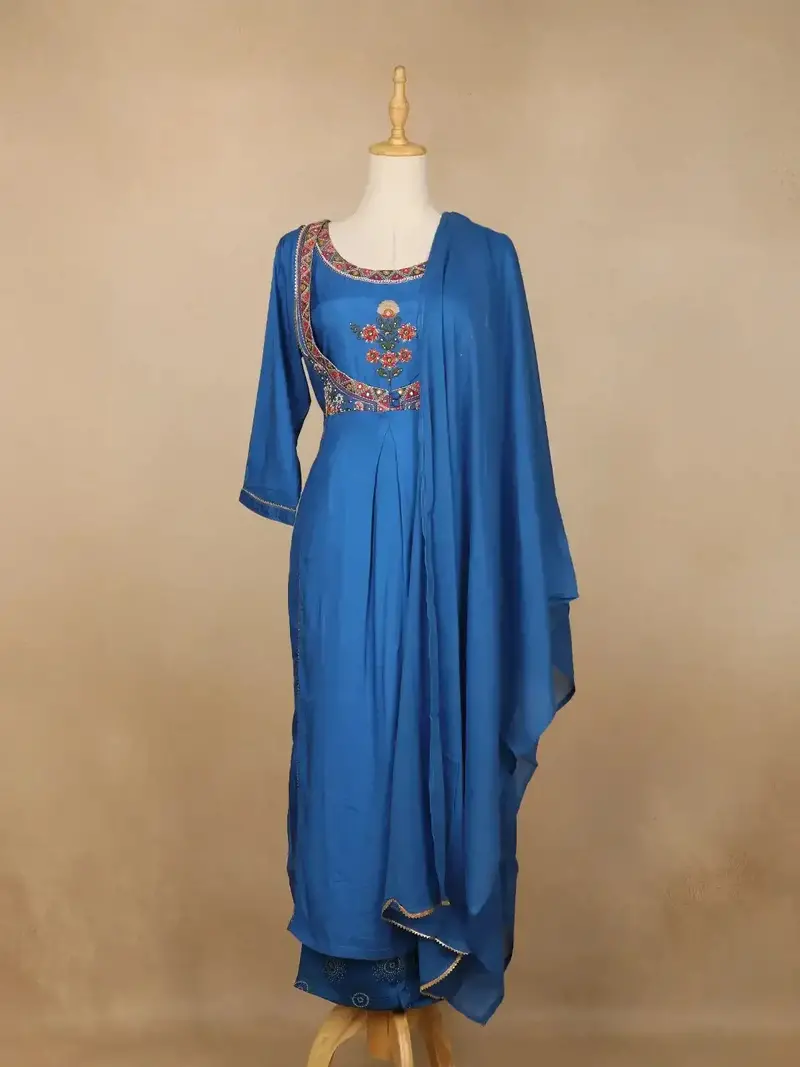 Blue Floral Embroidery Cotton Rayon Straight Cut Salwar Suit 1