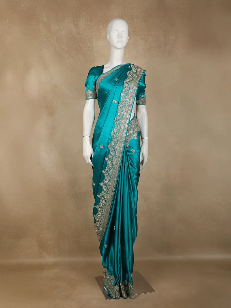 Blue Floral Heavy Sequins And Beads Embroidered Design Satin Designer Saree 1