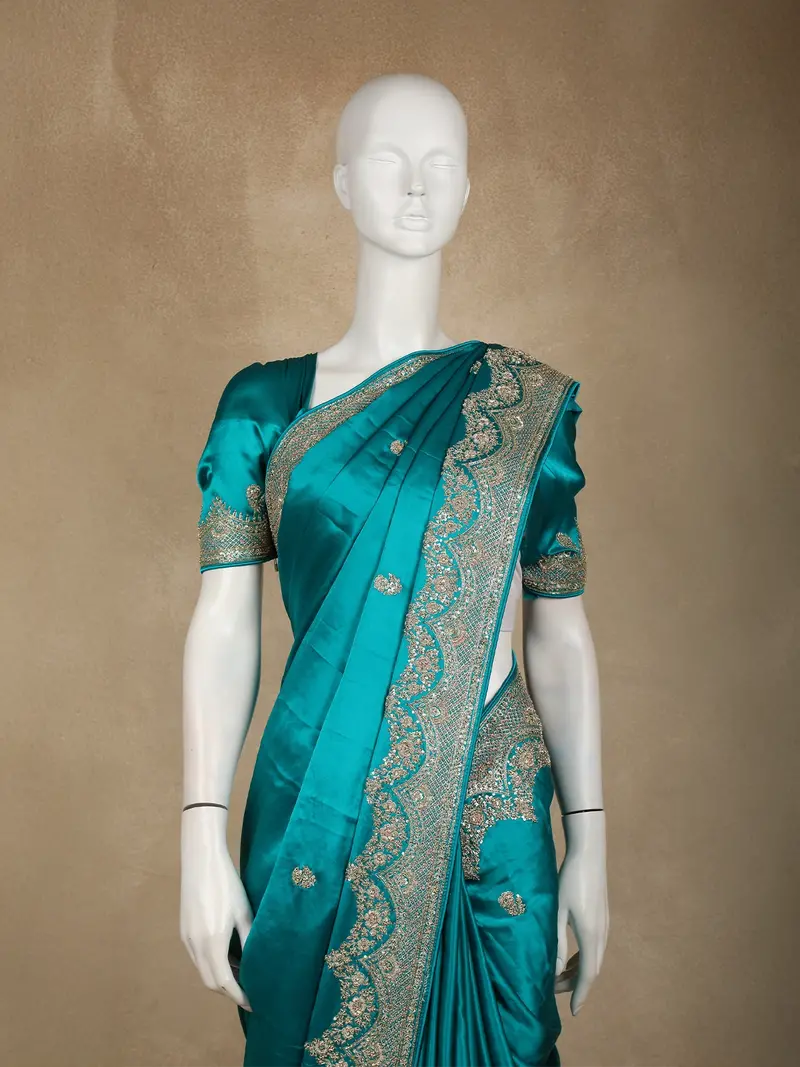 Blue Floral Heavy Sequins And Beads Embroidered Design Satin Designer Saree 2
