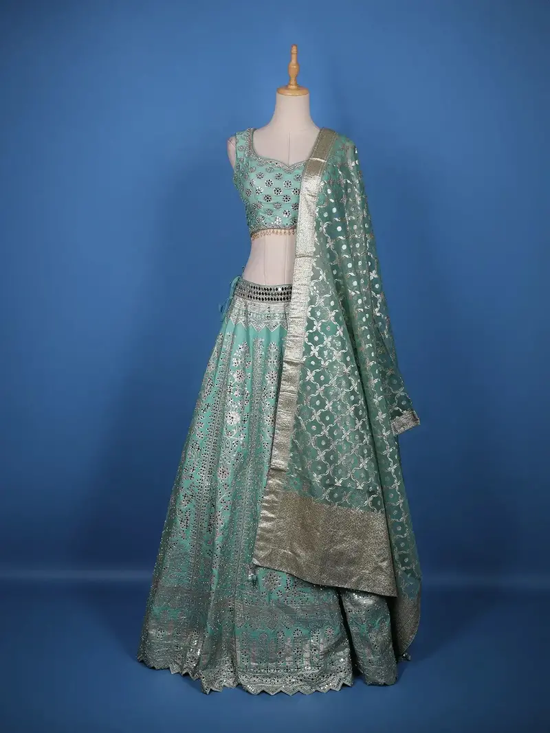 Blue Floral Mirror Designed Banarasi Silk Lehenga For Bridesmaid 1