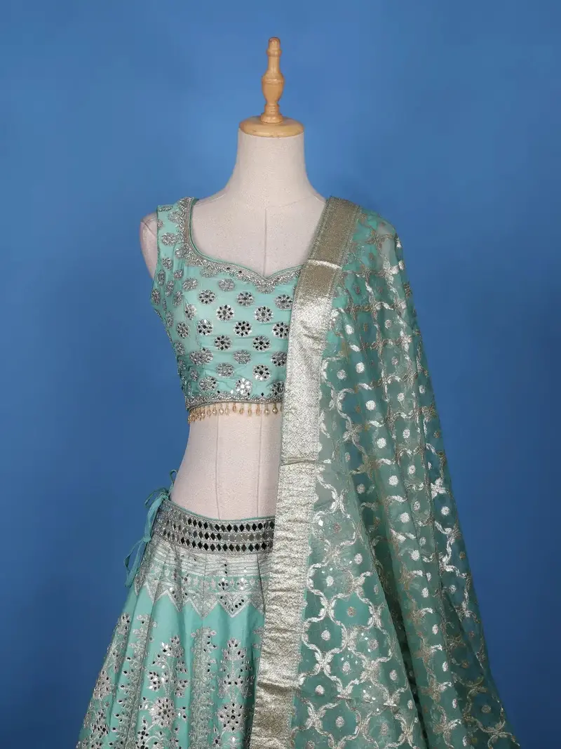 Blue Floral Mirror Designed Banarasi Silk Lehenga For Bridesmaid 2