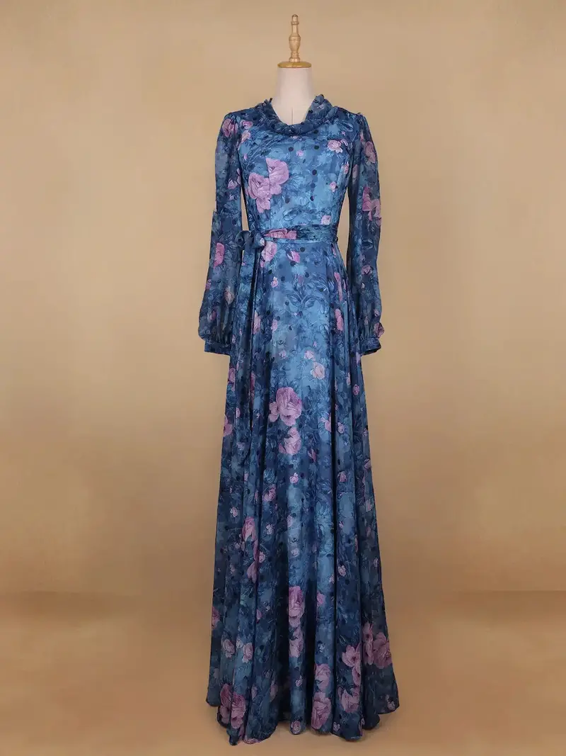 Blue Floral Print Chiffon Partywear Gown 1