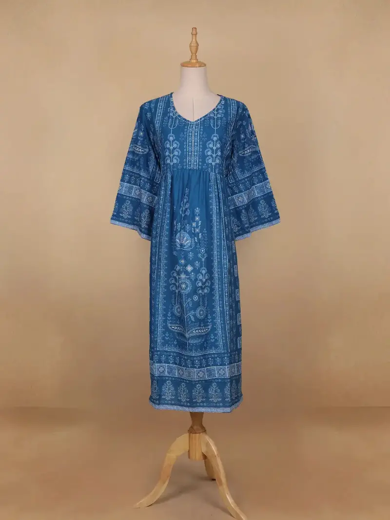 Blue Floral Printed Casual Cotton Kurti 1