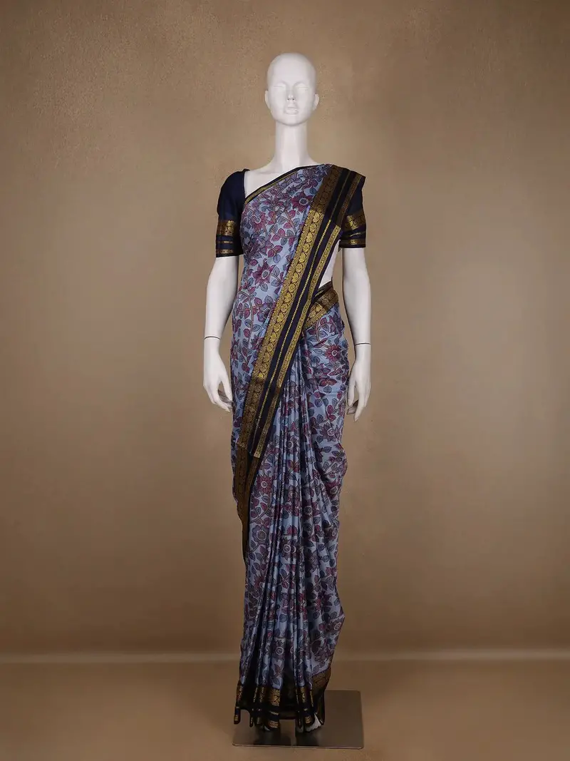 Blue Floral Printed Chiffon Saree 1