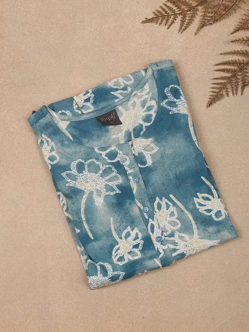 Blue Floral Printed Cotton Rayon Kurti 1