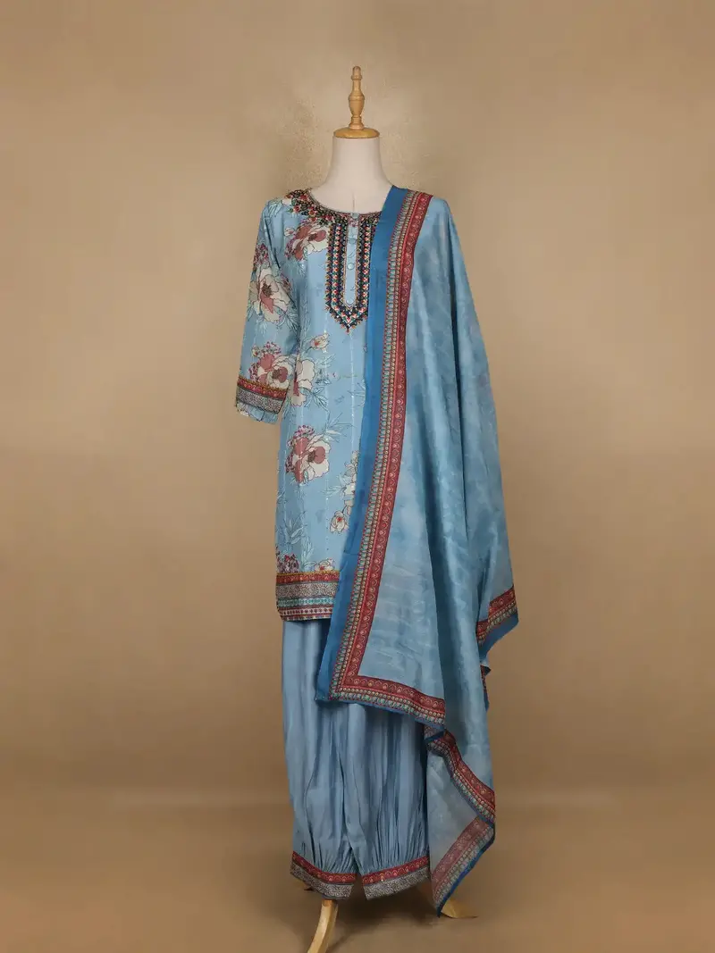 Blue Floral Printed Cotton Salwar Suit 1