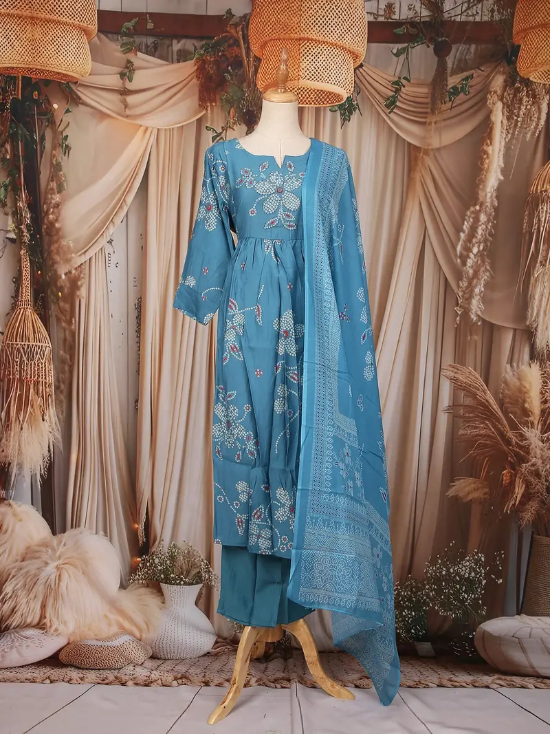 Blue  Floral Printed Cotton Salwar Suit 1