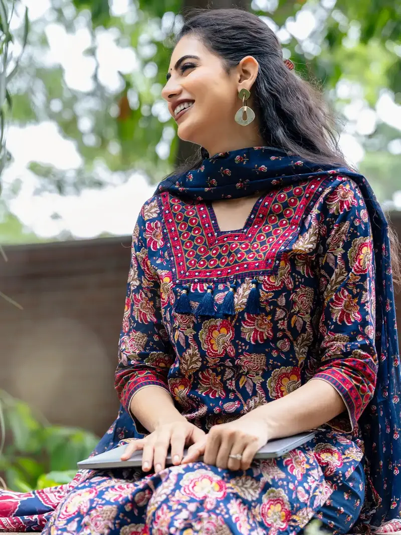 Blue Floral Printed Cotton Salwar Suit 3