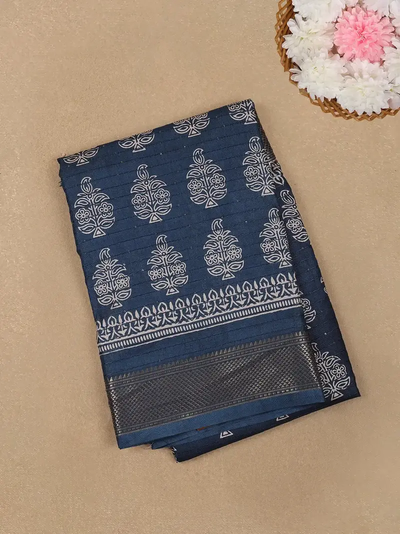 Blue Floral Printed Cotton Saree 1