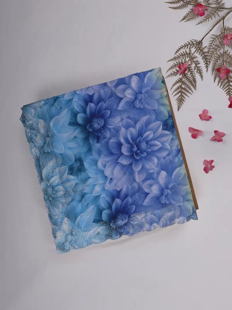 Blue Floral Printed Design Chiffon Saree 1