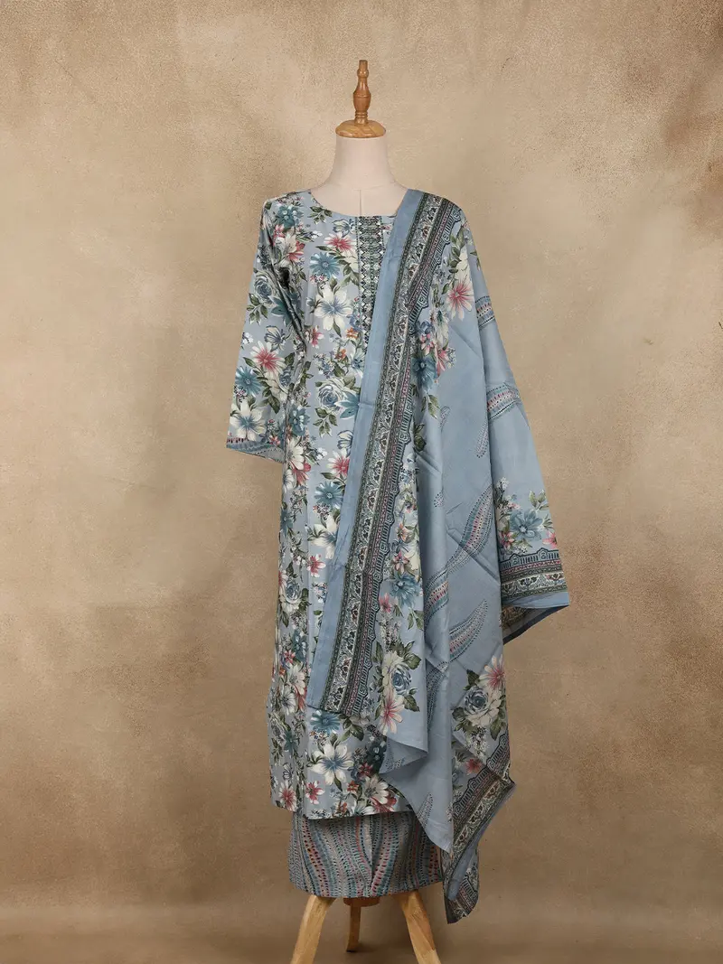 Blue Floral Printed Design Cotton Salwar Suit 1