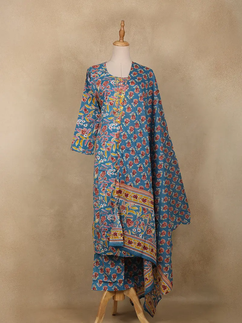 Blue Floral Printed Design Cotton Straight Cut Salwar Suit 1