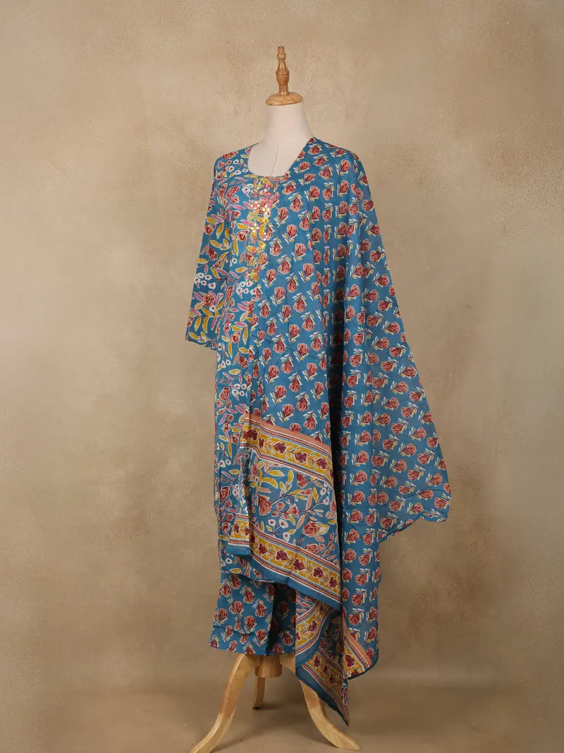 Blue Floral Printed Design Cotton Straight Cut Salwar Suit 3