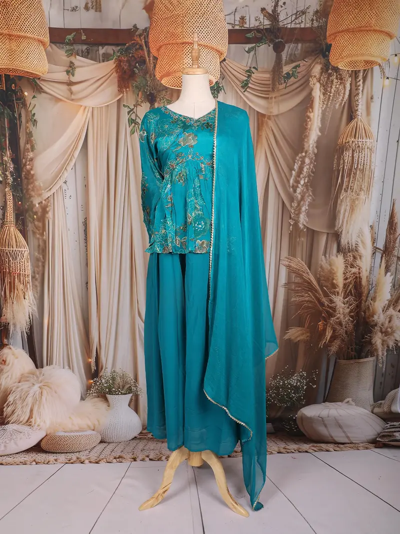 Blue Floral Printed Design Peplum Palazzo Suit With Dupatta 1