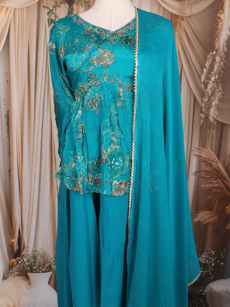 Blue Floral Printed Design Peplum Palazzo Suit With Dupatta 2