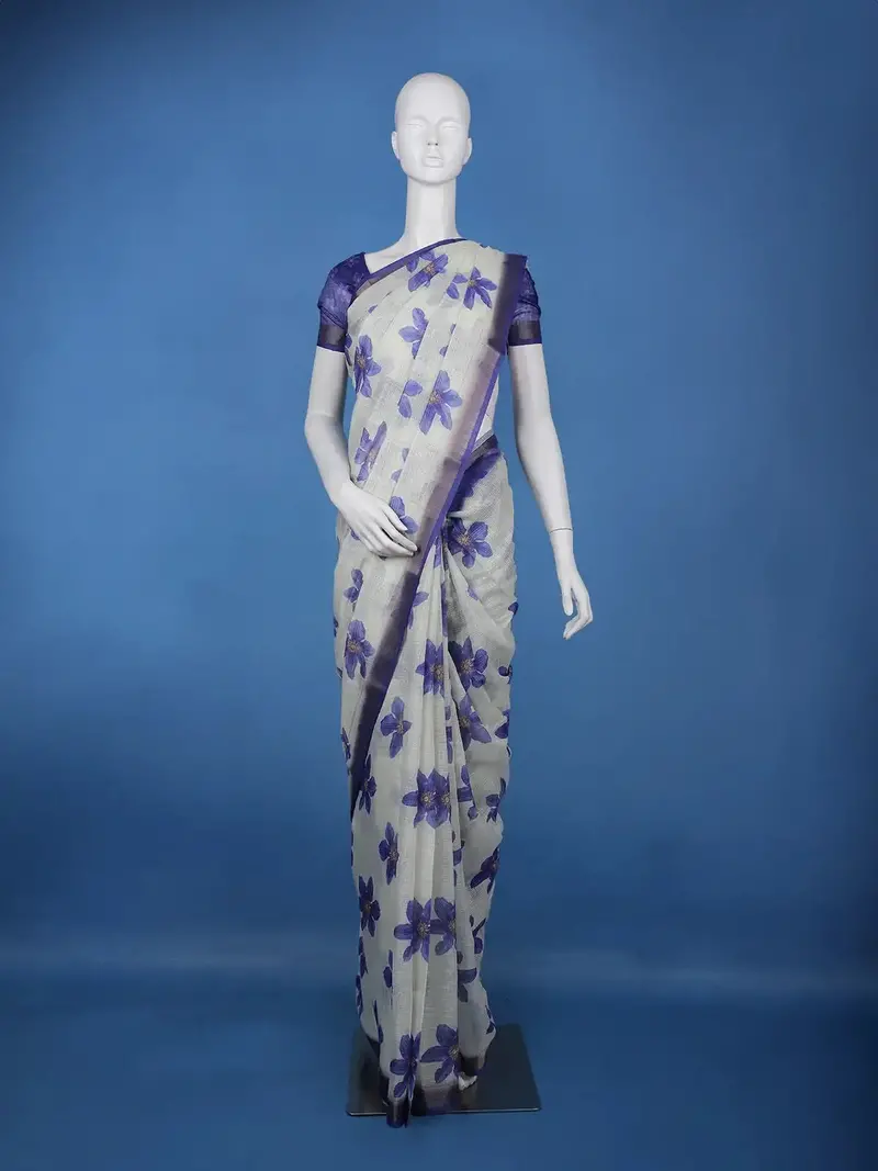 Blue Floral Printed Semi Tussar Silk Saree 1